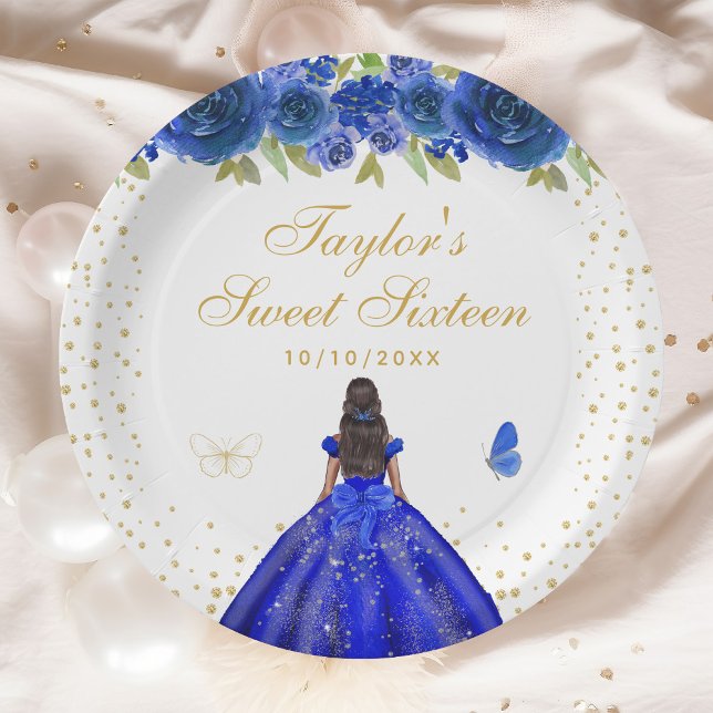 Blue Floral Dark Skin Princess Sweet Sixteen Paper Plate (Creator Uploaded)