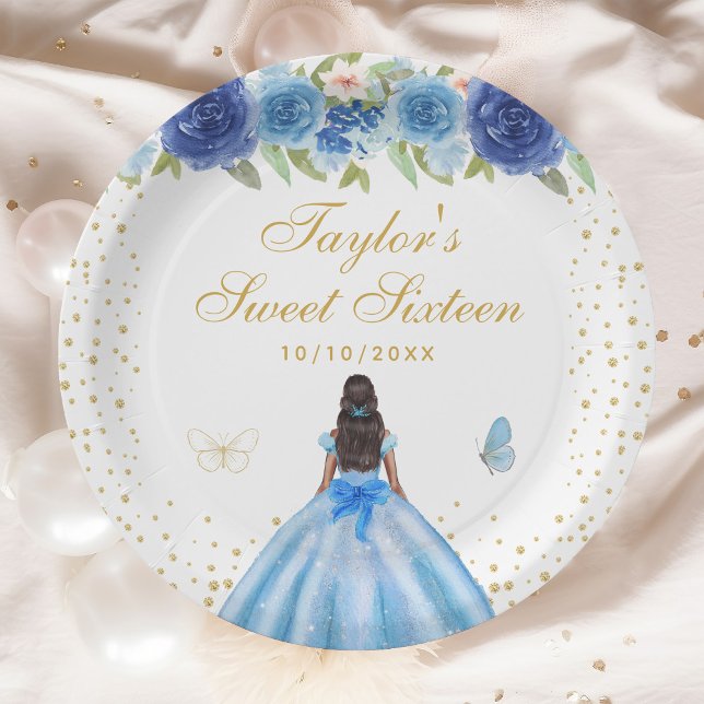 Blue Floral Dark Skin Princess Sweet Sixteen Paper Plate (Creator Uploaded)