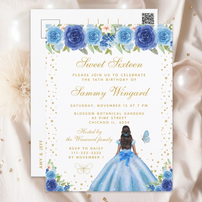 Blue Floral Dark Skin Princess Sweet Sixteen Postcard (Creator Uploaded)