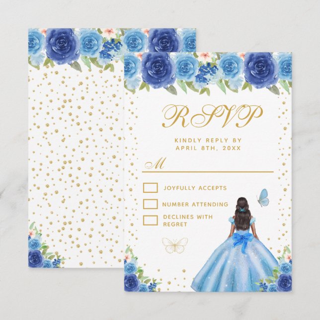 Blue Floral Dark Skin Princess Sweet Sixteen RSVP Card (Front/Back)