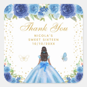 Blue Floral Dark Skin Princess Sweet Sixteen Square Sticker