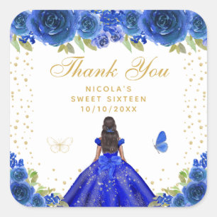 Blue Floral Dark Skin Princess Sweet Sixteen Square Sticker