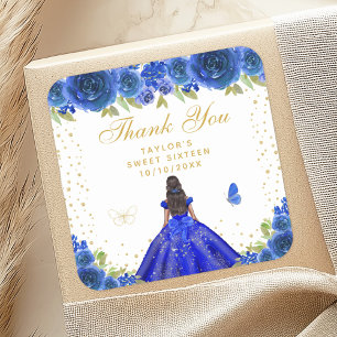Blue Floral Dark Skin Princess Sweet Sixteen Square Sticker