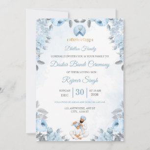 Blue Floral Dastar Bandi Ceremony Invitation