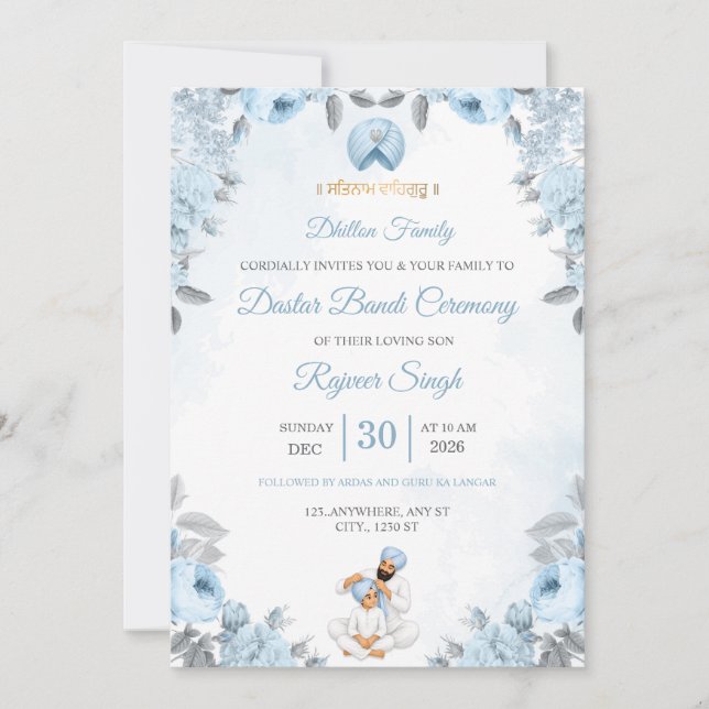 Blue Floral Dastar Bandi Ceremony Invitation (Front)