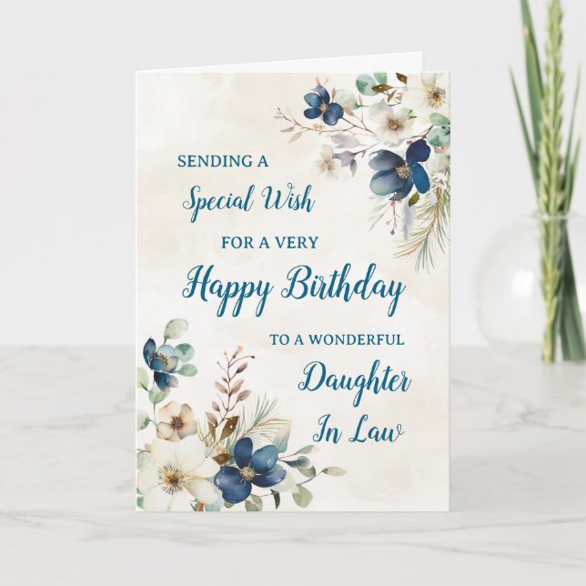Blue Floral Daughter In Law Birthday Card (Front)