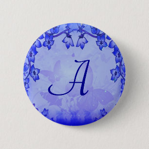 Blue Floral Deco Monogram Button