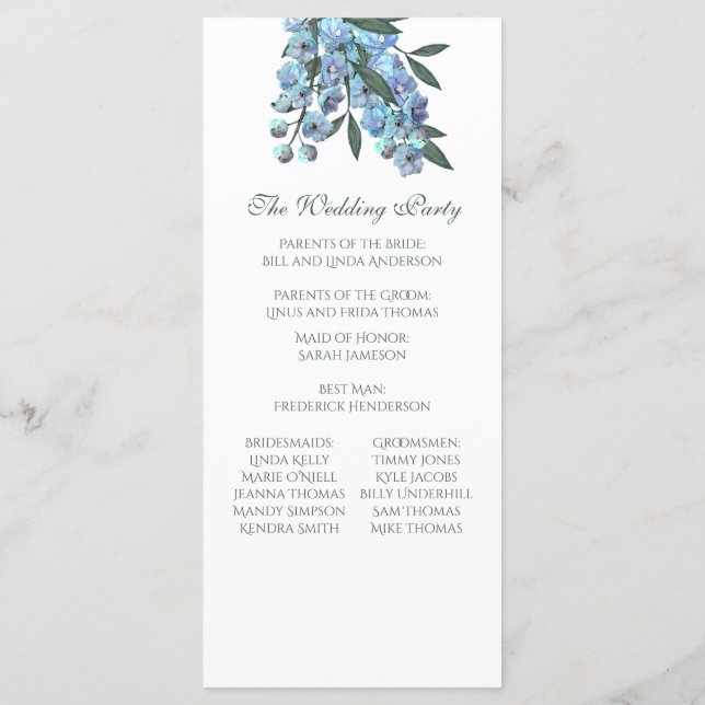 Blue Floral Delphinium Bouquet Programme (Back)