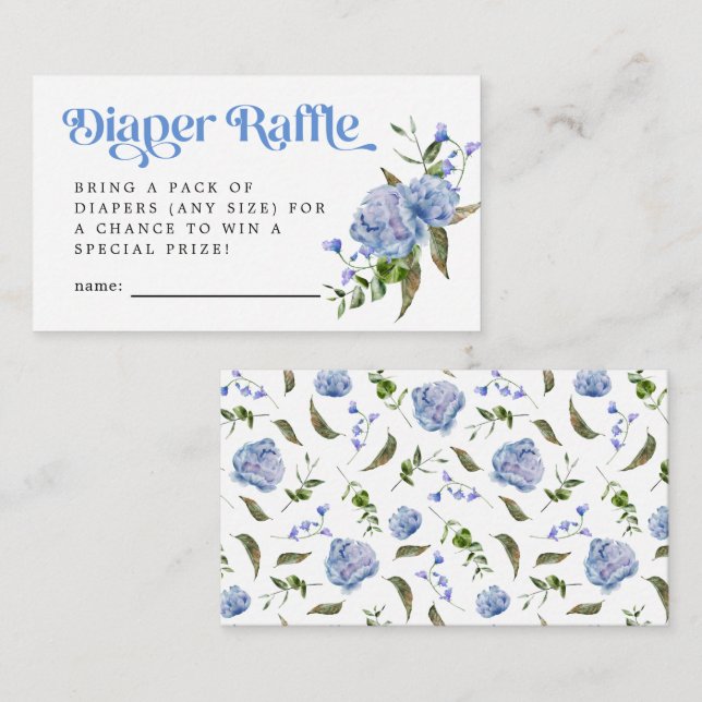Blue Floral Diaper Raffle Ticket  Enclosure Card (Front/Back)