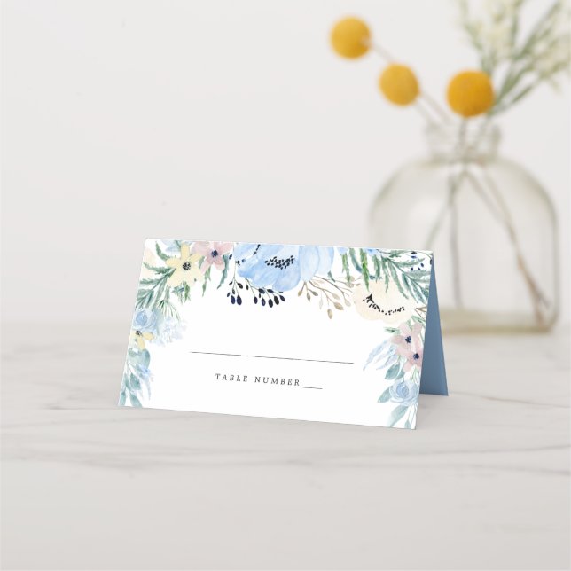 Blue Floral DIY Wedding Place Card (Front)