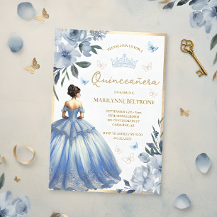 Blue Floral Dress Butterfly Quinceañera  Invitation