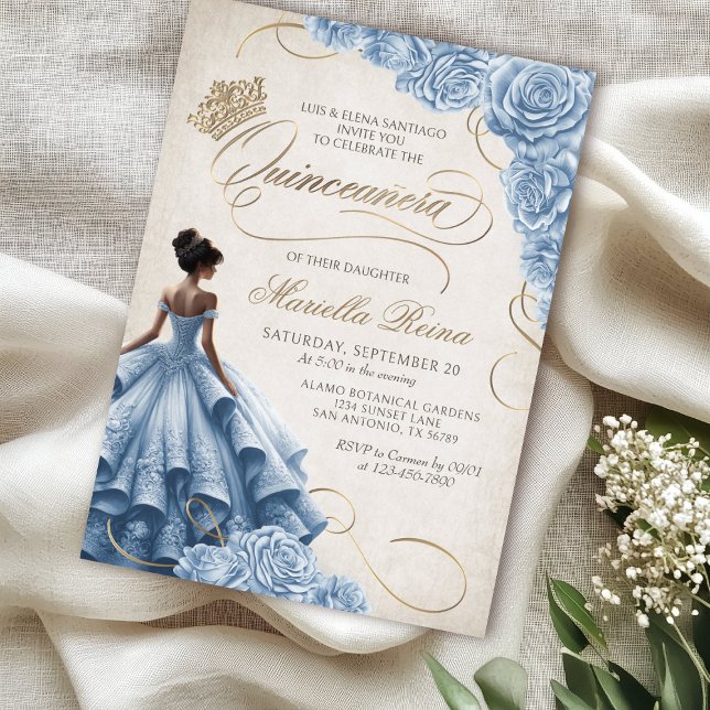 Blue Floral Dress Quinceañera Invitation (Creator Uploaded)