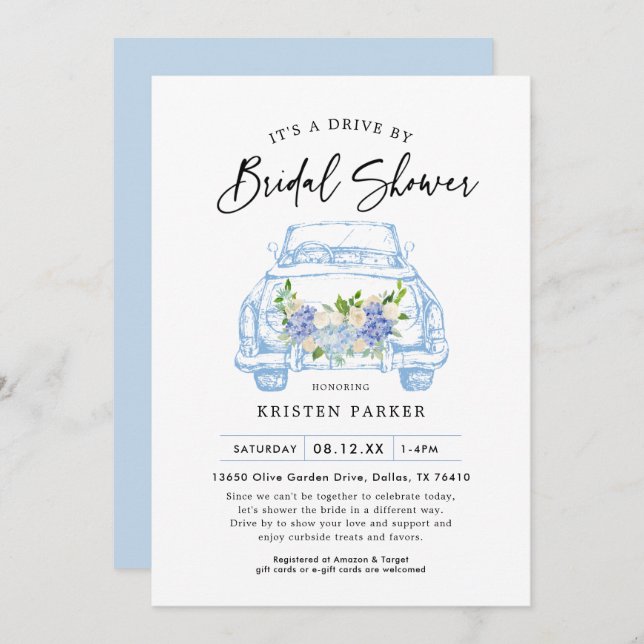 Blue Floral Drive By Bridal Shower Invitation (Front/Back)