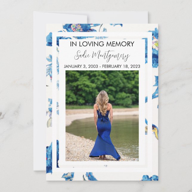Blue floral edge funeral program invitation (Front)
