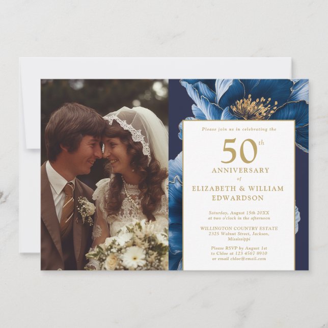 Blue Floral Elegant 50th Anniversary Photo Invitation (Front)