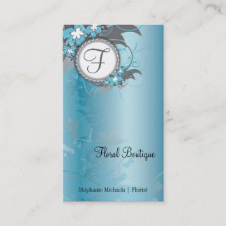 Blue Floral Elegant Business Card Monogram