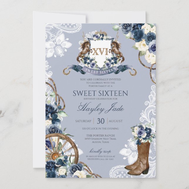 Blue Floral & Elegant Crest Cowgirl Ranch Sweet 16 Invitation (Front)