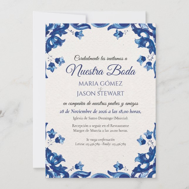 Blue Floral Elegant Fiesta Spanish Wedding Invitation (Front)