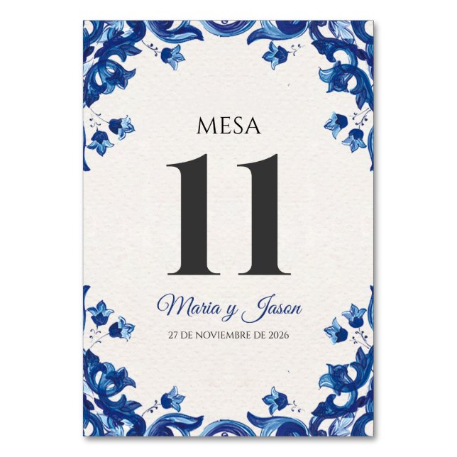 Blue Floral Elegant Fiesta Spanish Wedding Table Number (Front)