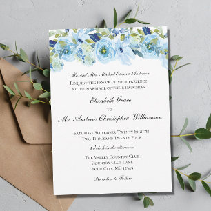 Blue Floral Elegant Formal Traditional Wedding Invitation