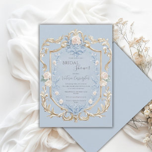 Blue Floral Elegant Gold Frame Bridal Shower  Invitation