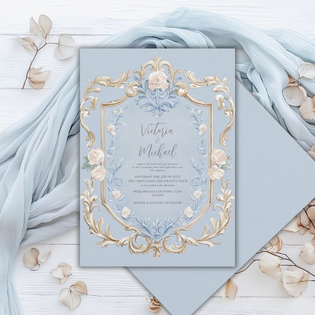 Blue Floral Elegant Gold Frame Wedding Invitation (Creator Uploaded)