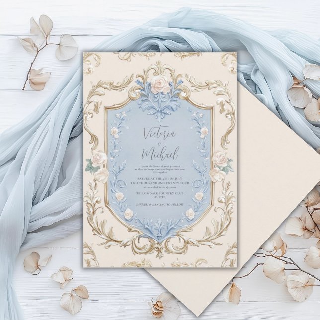 Blue Floral Elegant Gold Frame Wedding Invitation (Creator Uploaded)
