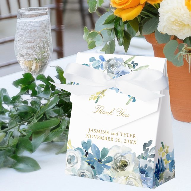 Blue Floral Elegant Gold Script Evening Wedding Favour Box (Creator Uploaded)