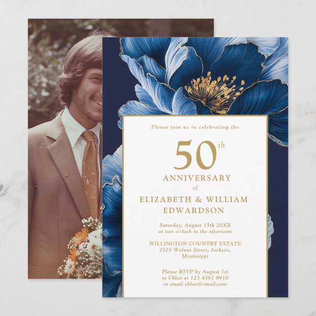 Blue Floral Elegant Modern 50th Anniversary Photo Invitation (Front/Back)