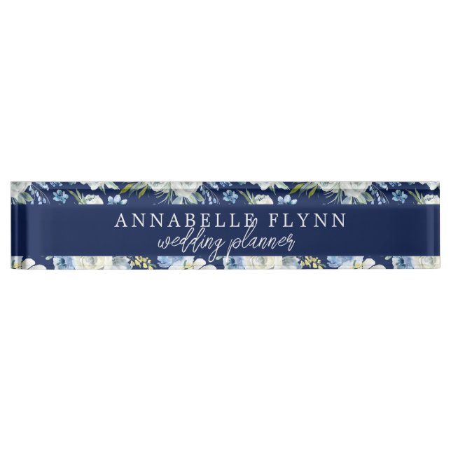 Blue Floral Elegant Personalised Wedding Planner Nameplate (Front)
