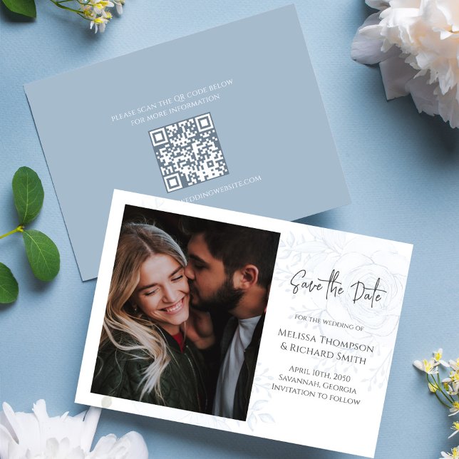 Blue Floral Elegant Photo Wedding Save the Date (Floral blue elegant Photo save the date card with QR code. )