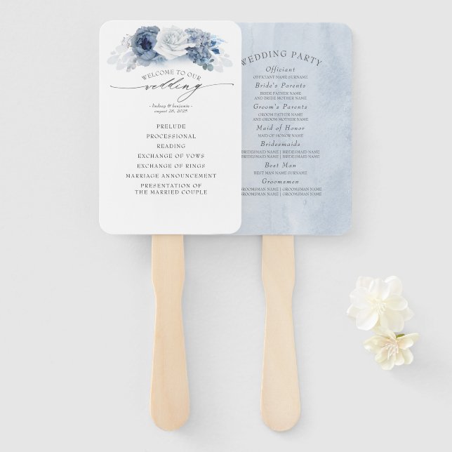 Blue Floral Elegant Wedding Program Hand Fan (Front and Back)
