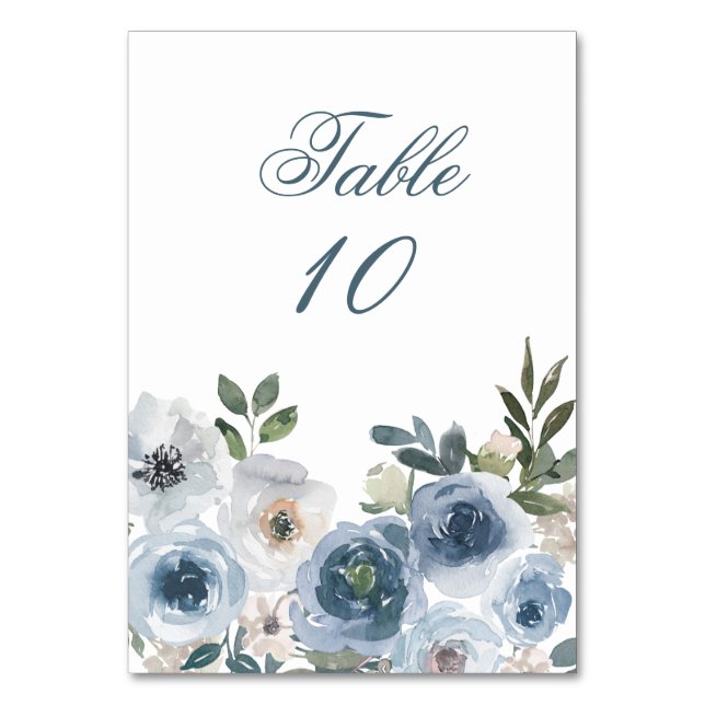 Blue Floral Elegant Wedding Table Number Cards (Front)