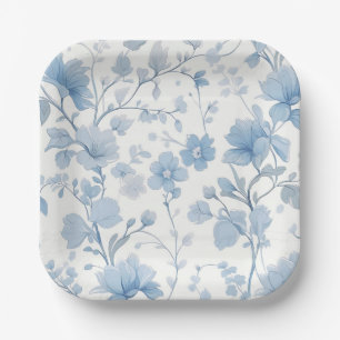 Blue Floral Elegant Whimsical Garden Party Paper Plate