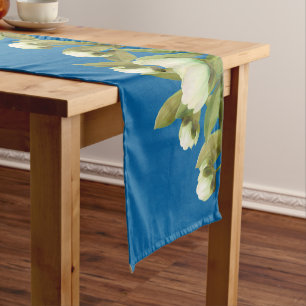 Blue Floral Elegant White Peonies Medium Table Runner