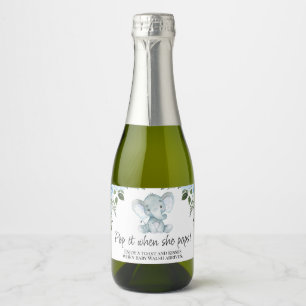 Blue Floral Elepahnt Baby Shower Pop It Champagne Sparkling Wine Label