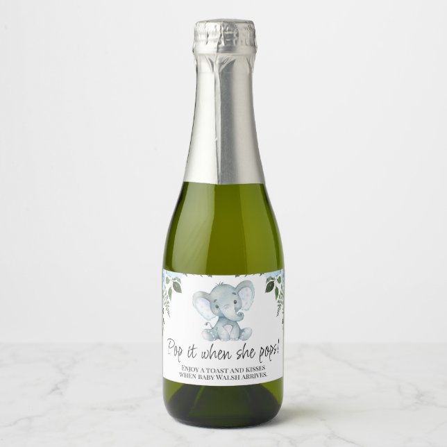 Blue Floral Elepahnt Baby Shower Pop It Sparkling  Wine Label (Front)