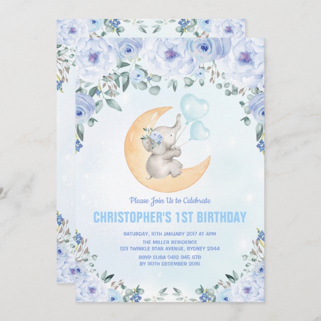 Blue Floral Elephant 1st Birthday Party Invitation (Front/Back)