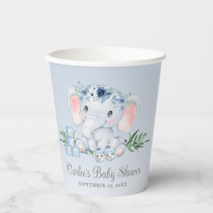 Blue Floral Elephant Baby Boy Baby Shower Paper Cups