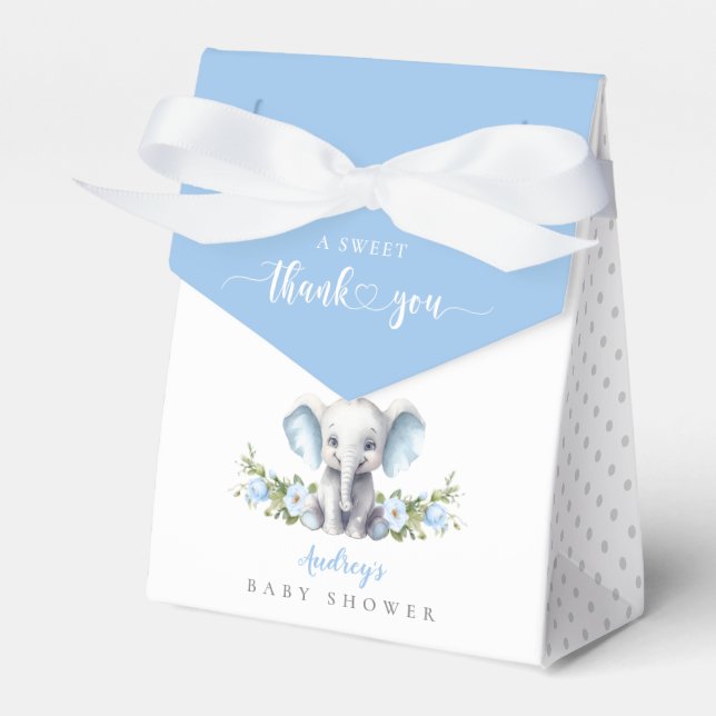 Blue Floral Elephant Baby Boy Shower Thank You Favour Box (Front Side)