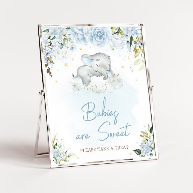 Blue Floral Elephant Baby Shower Babies are Sweet Poster (Blue Floral Sleeping Elephant Baby Shower Babies are Sweet Sign)