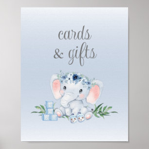 Blue Floral Elephant Baby Shower Cards and Gifts Poster