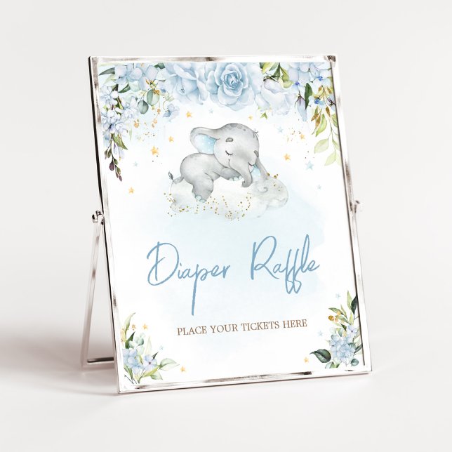 Blue Floral Elephant Baby Shower Diaper Raffle Poster (Blue Floral Sleeping Elephant Baby Shower Diaper Raffle Sign)