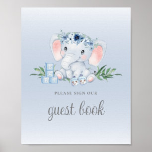 Blue Floral Elephant Baby Shower Guest Book Sign