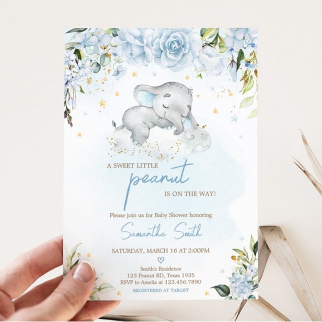 Blue Floral Elephant Baby Shower  Invitation (Blue Floral Sleeping Elephant Baby Shower Invitation)