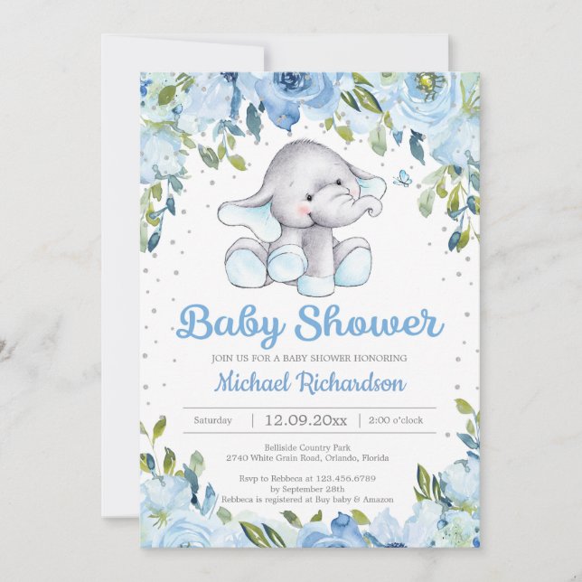 Blue Floral Elephant baby Shower Invitation (Front)