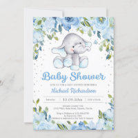 Blue Floral Elephant baby Shower Invitation
