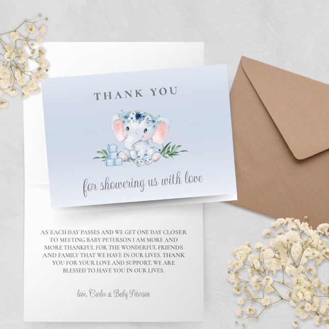 Blue Floral Elephant Baby Shower Thank You Card (Blue Baby Boy Elephant Baby Shower Thank You Card Personalized)