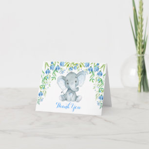 Blue Floral Elephant Baby Shower Thank You Note Card
