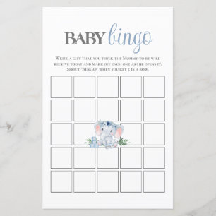 Blue Floral Elephant Bingo Baby Shower Game